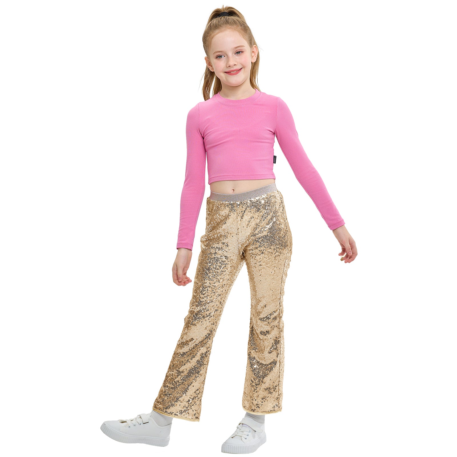 Girls Flare Sequin Trousers Casual Elastic Mid-Waist Bell Bottoms