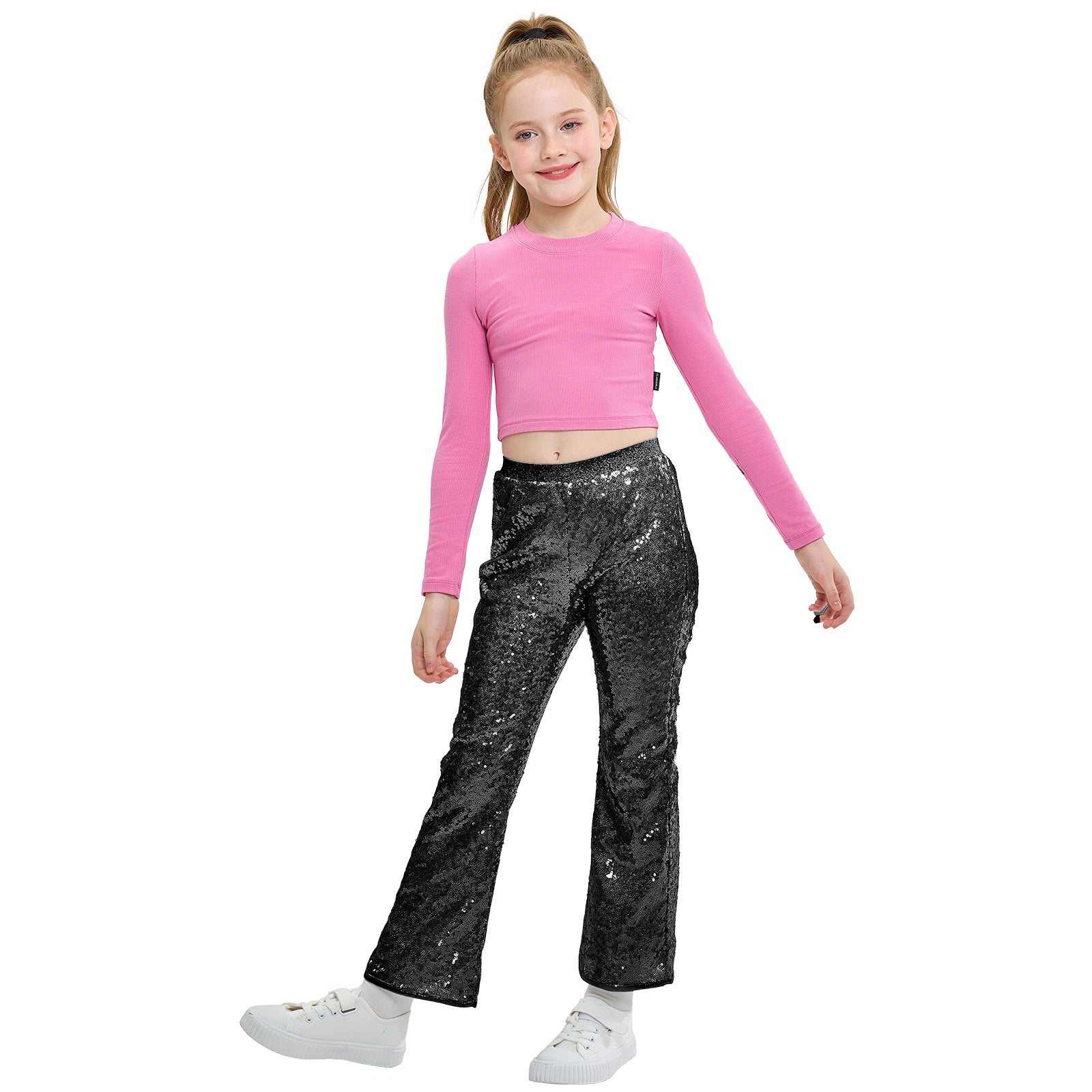 Girls Flare Sequin Trousers Casual Elastic Mid-Waist Bell Bottoms