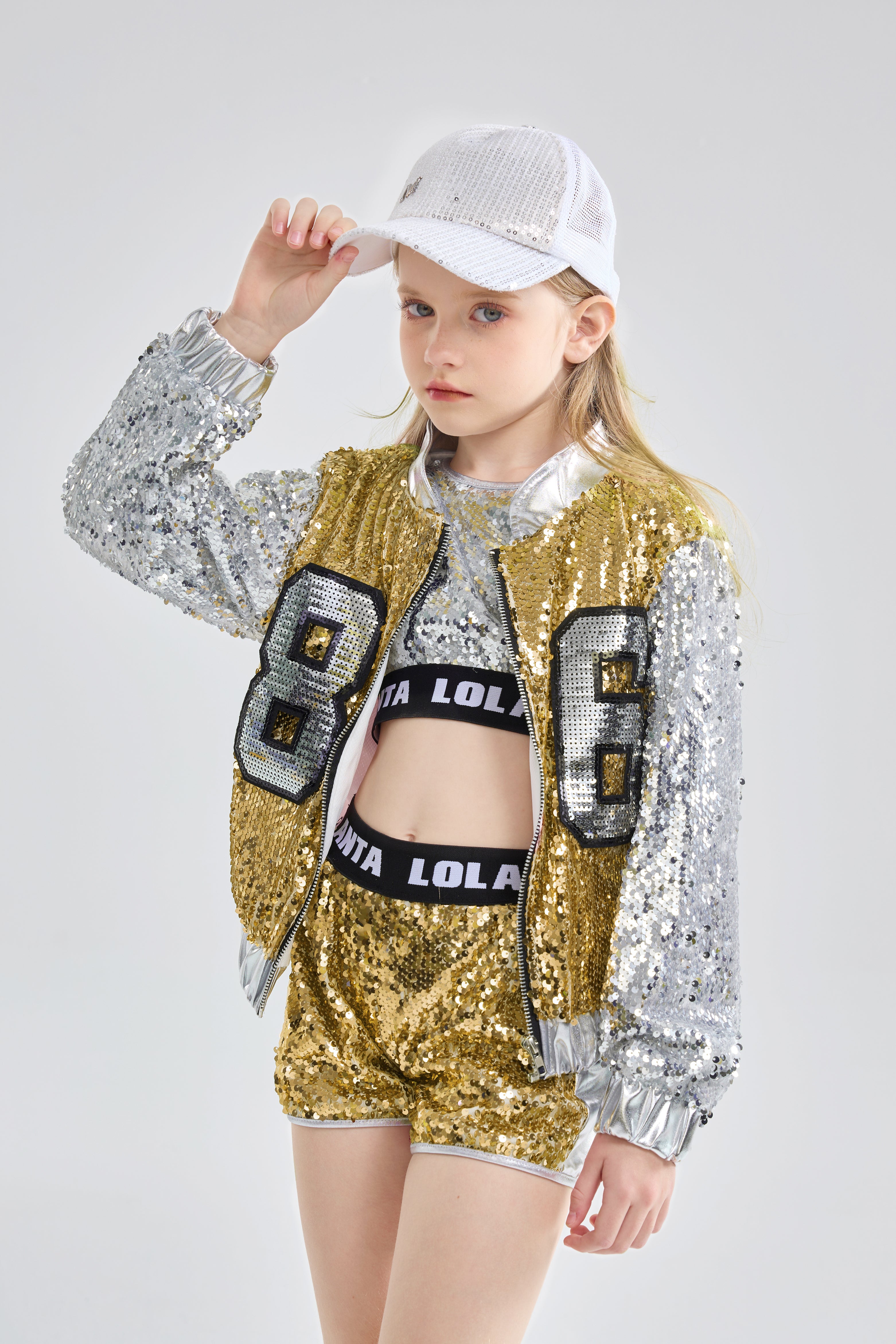 [VIP]Girls Fashionable Sequins Crop Top Shorts Dance Clothes