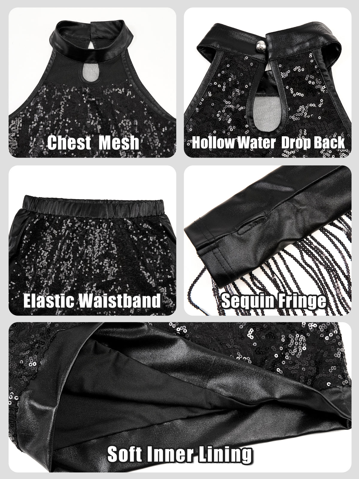Girls’ Sequin Dance Outfit Crop Sequin Top Metallic Shorts with Tassel Arm Sleeves