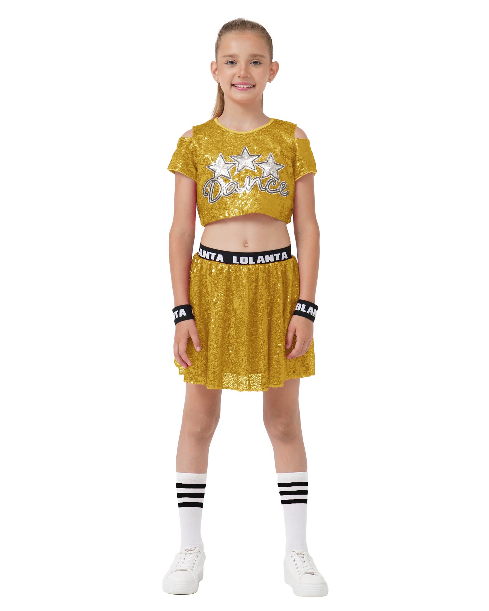 Girls Dance Outfits 4 Piece Kids Sequin Pleated Skirts Set