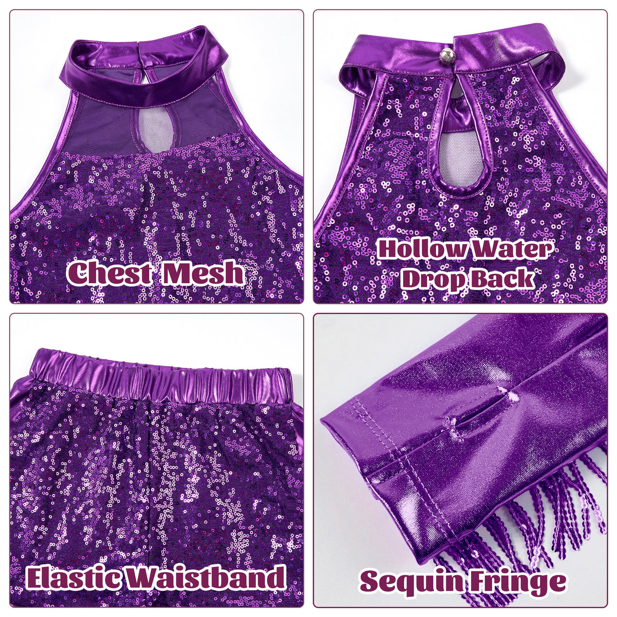 Girls’ Sequin Dance Outfit Crop Sequin Top Metallic Shorts with Tassel Arm Sleeves