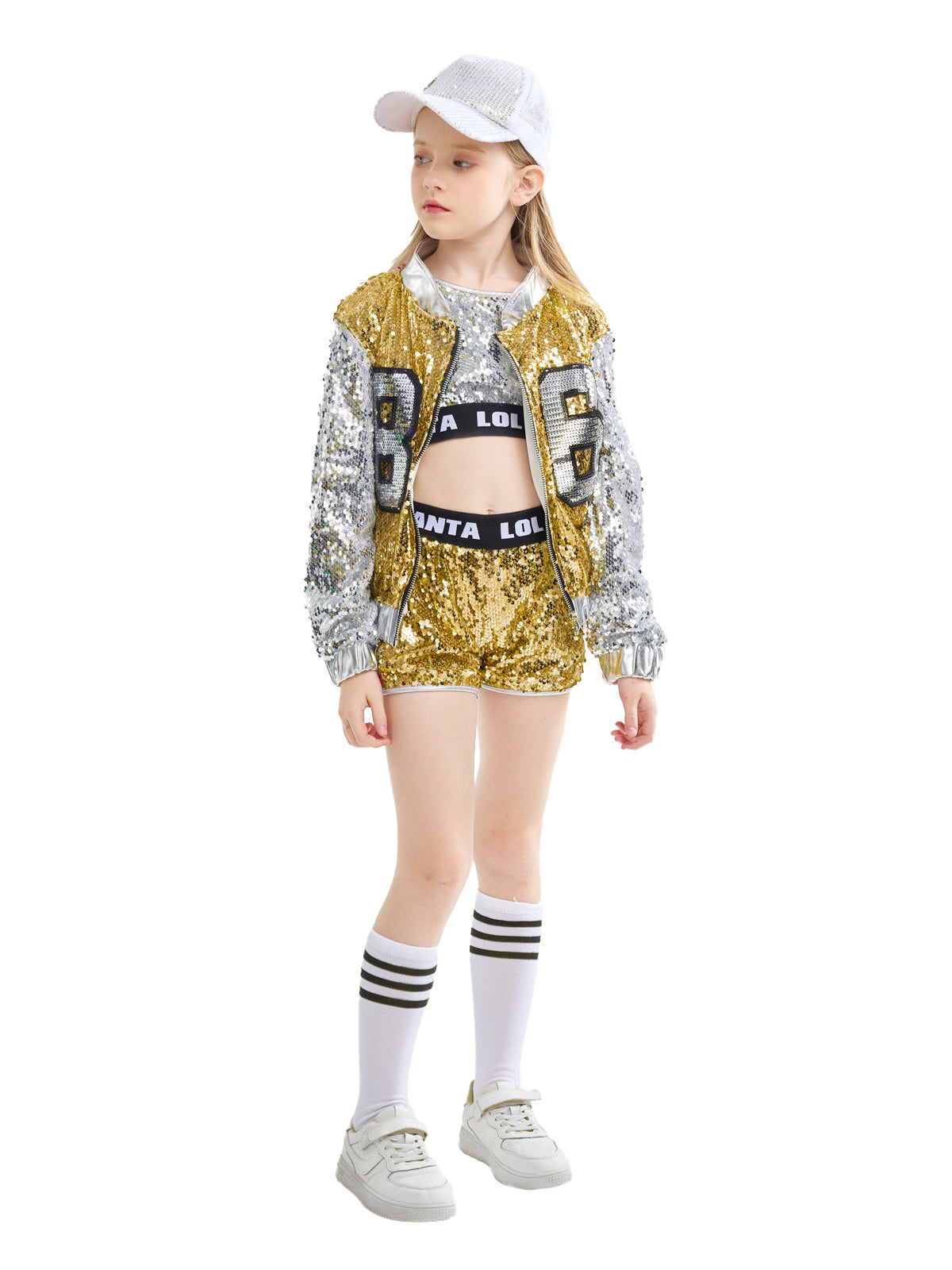 [VIP]Girls Fashionable Sequins Crop Top Shorts Dance Clothes