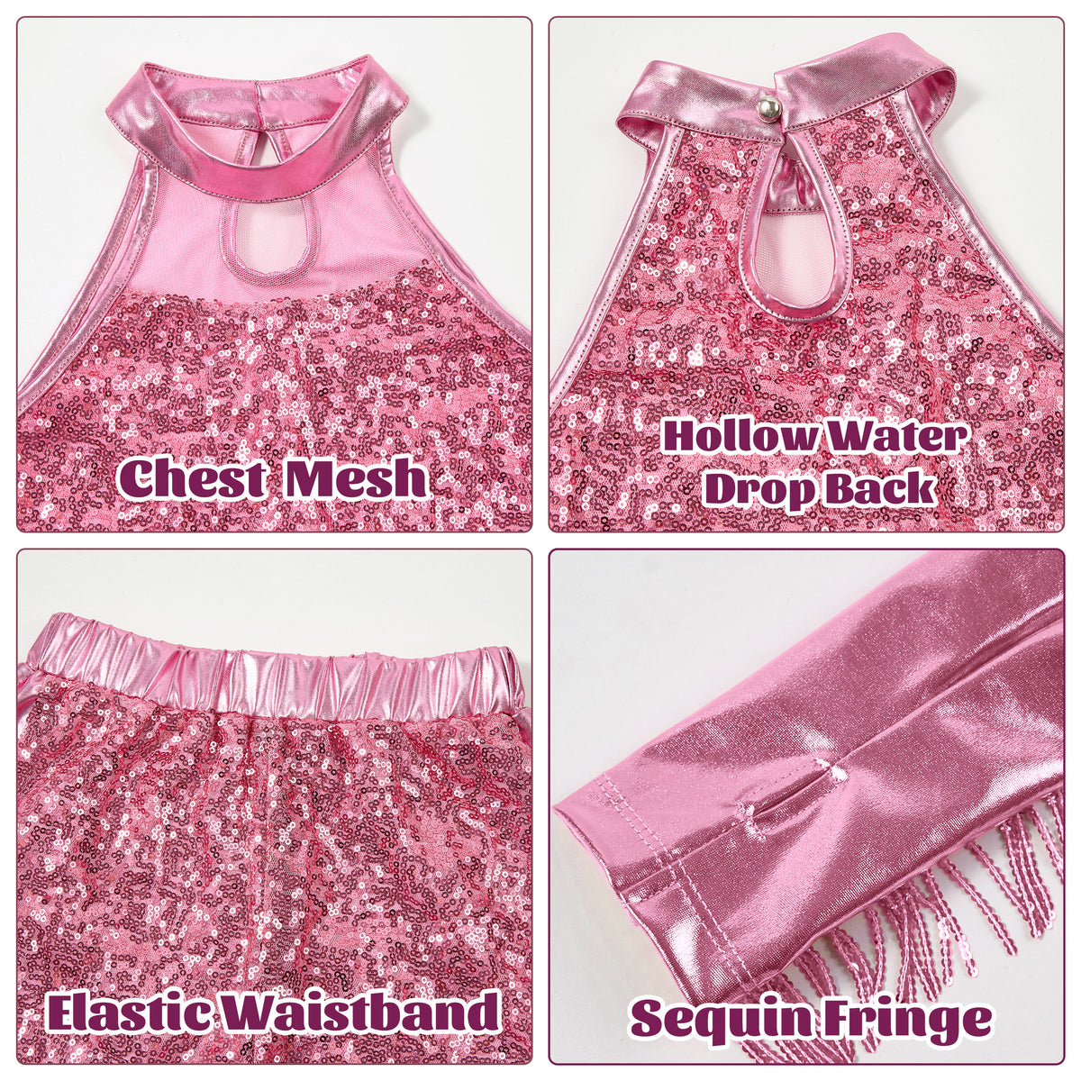 Girls’ Sequin Dance Outfit Crop Sequin Top Metallic Shorts with Tassel Arm Sleeves