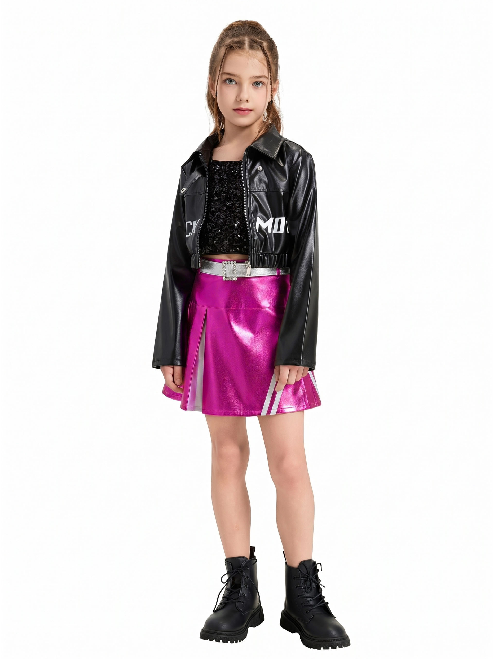 Girls 3Pcs Pleated Metallic Skirt with Shorts, Detachable Belt