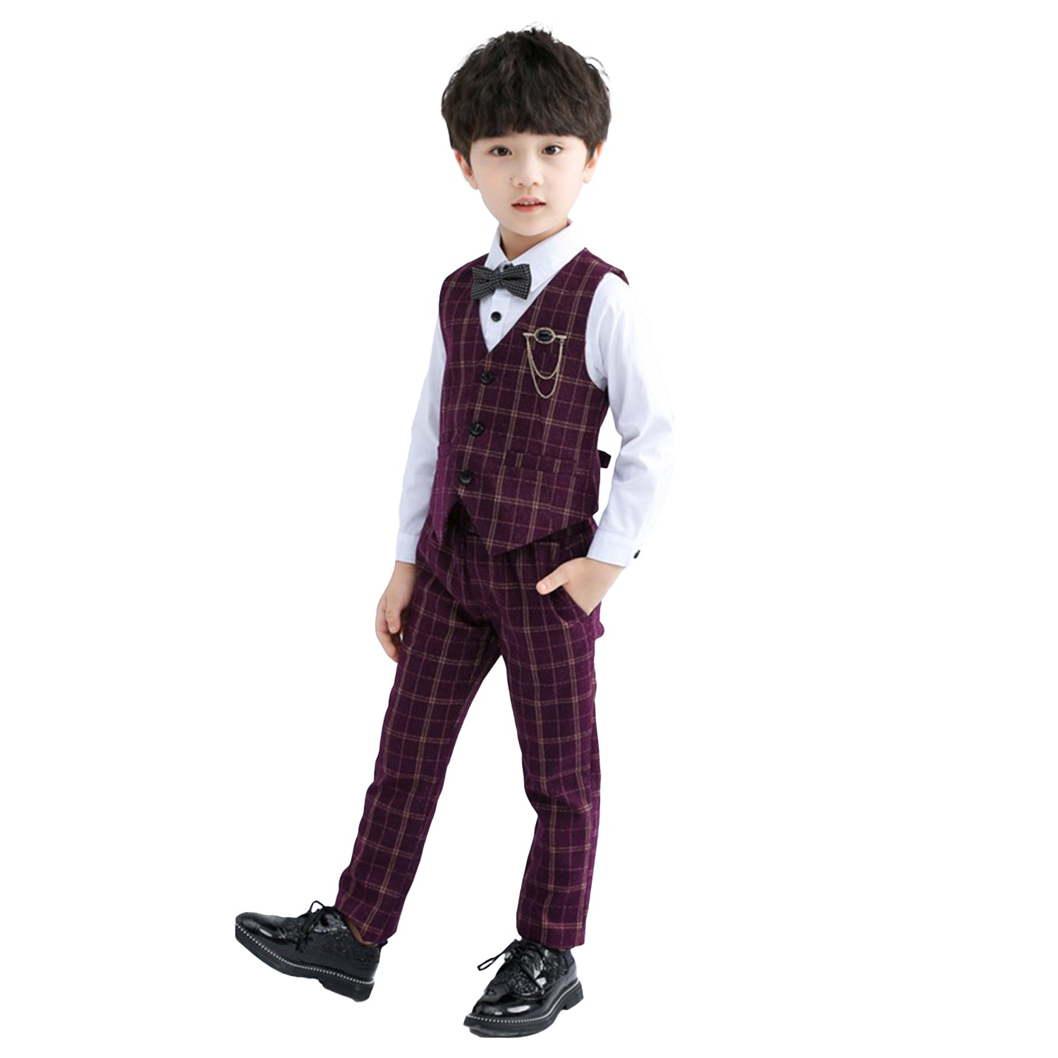 Boys Vest Pants Set Plaid Dress Suit with Shirt