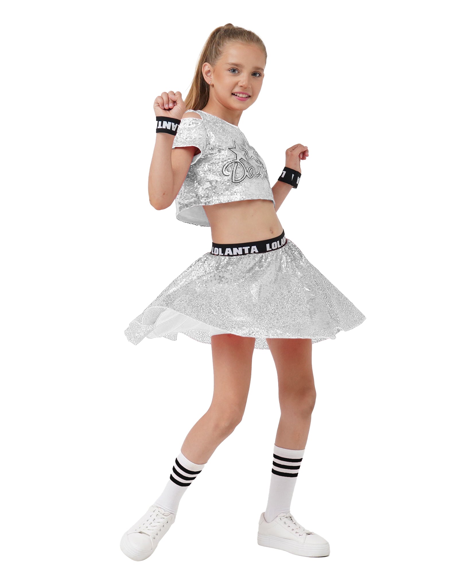 Girls Dance Outfits 4 Piece Kids Sequin Pleated Skirts Set