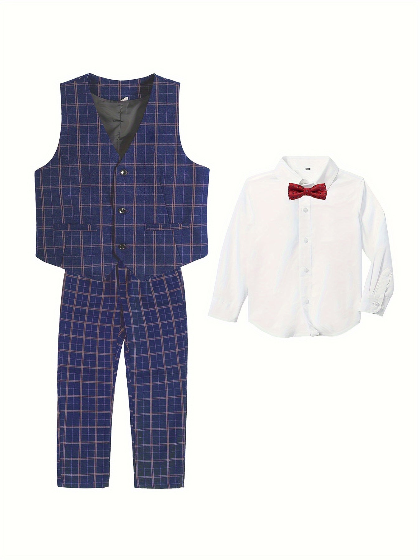 Boys Vest Pants Set Plaid Dress Suit with Shirt