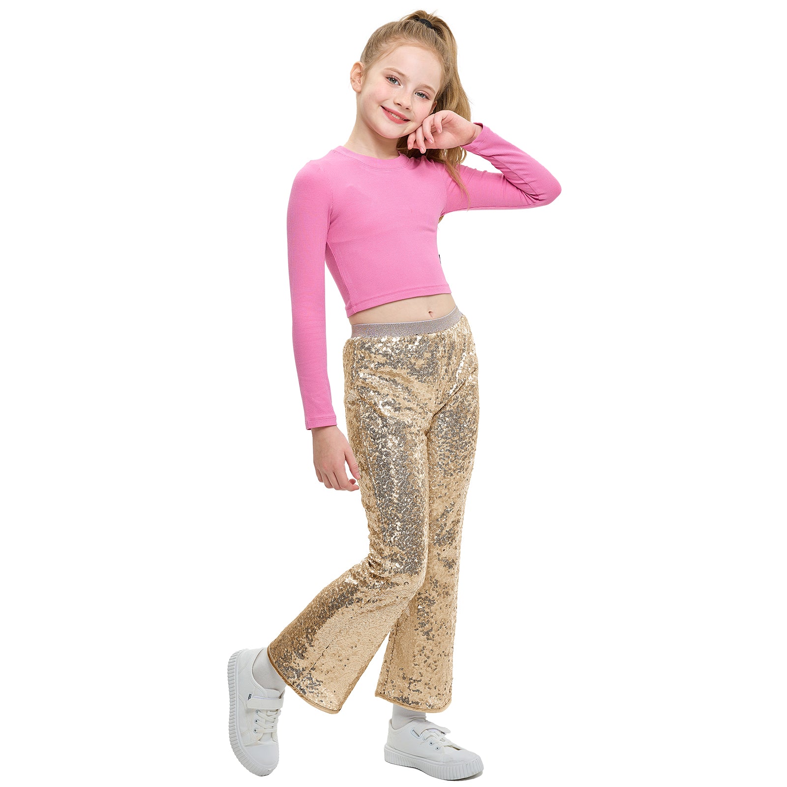 Girls Flare Sequin Trousers Casual Elastic Mid-Waist Bell Bottoms