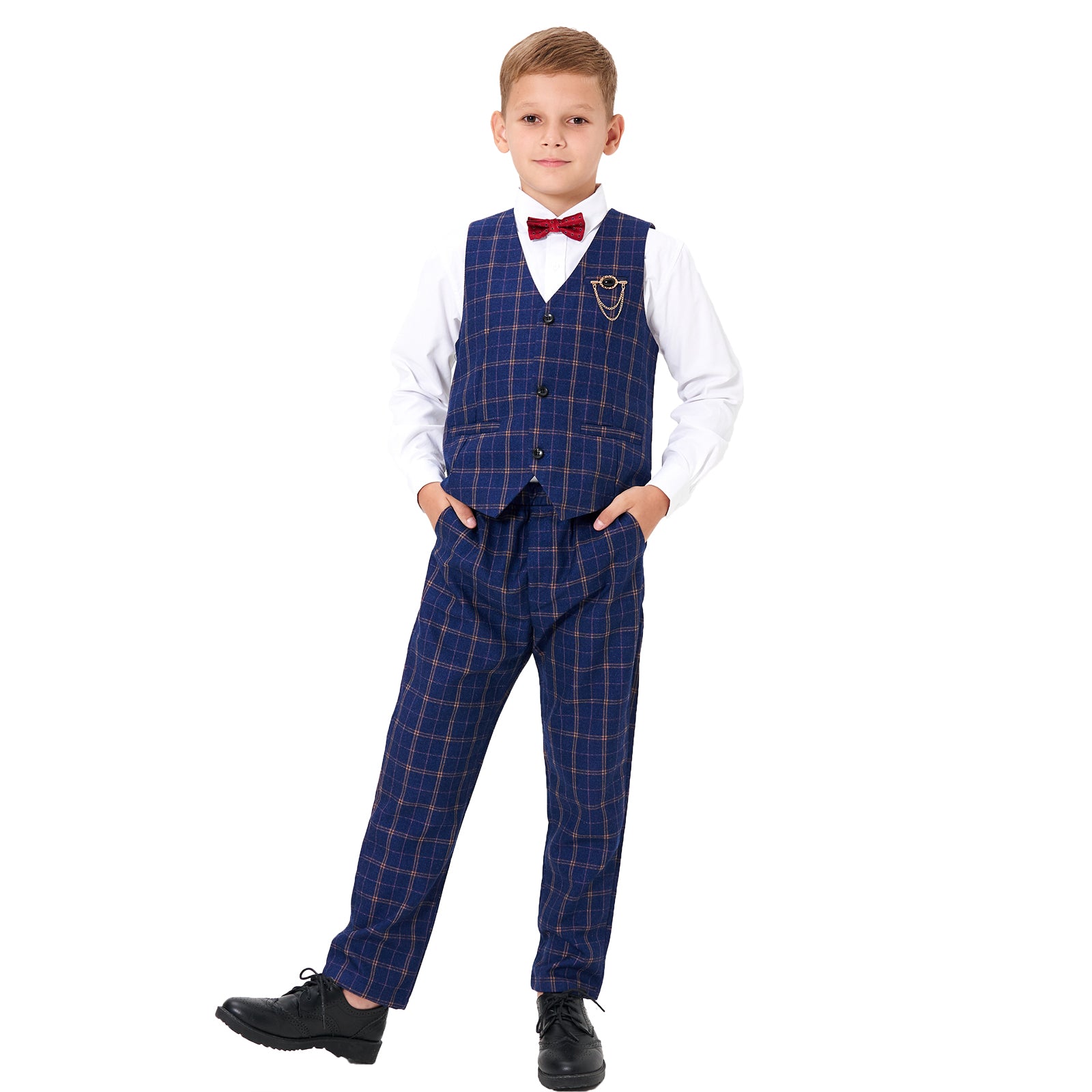 Boys Vest Pants Set Plaid Dress Suit with Shirt
