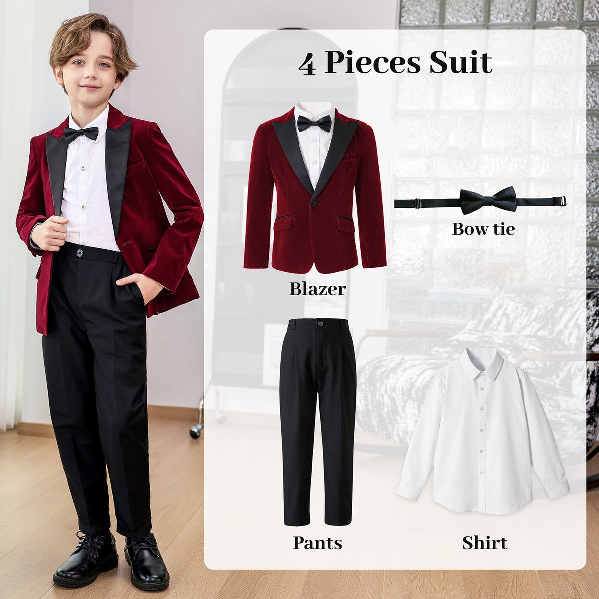 Boys Velvet Suit 4 Piece Slim Fit Tuxedo Formal Ring Bearer Outfit