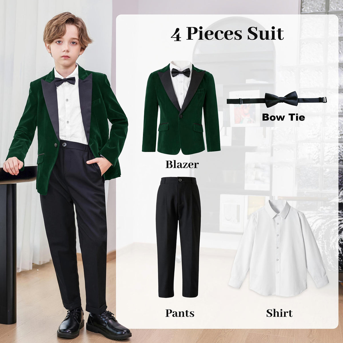 Boys Velvet Suit 4 Piece Slim Fit Tuxedo Formal Ring Bearer Outfit