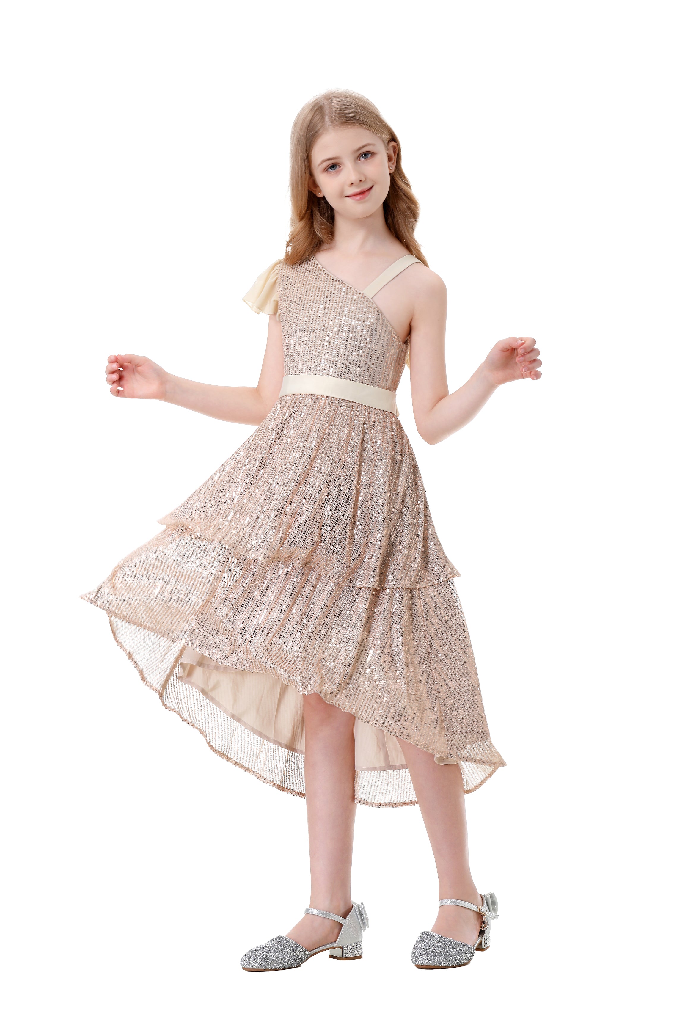 Girls Sequin Dress One Shoulder Layered Sparkle High Low Dresses