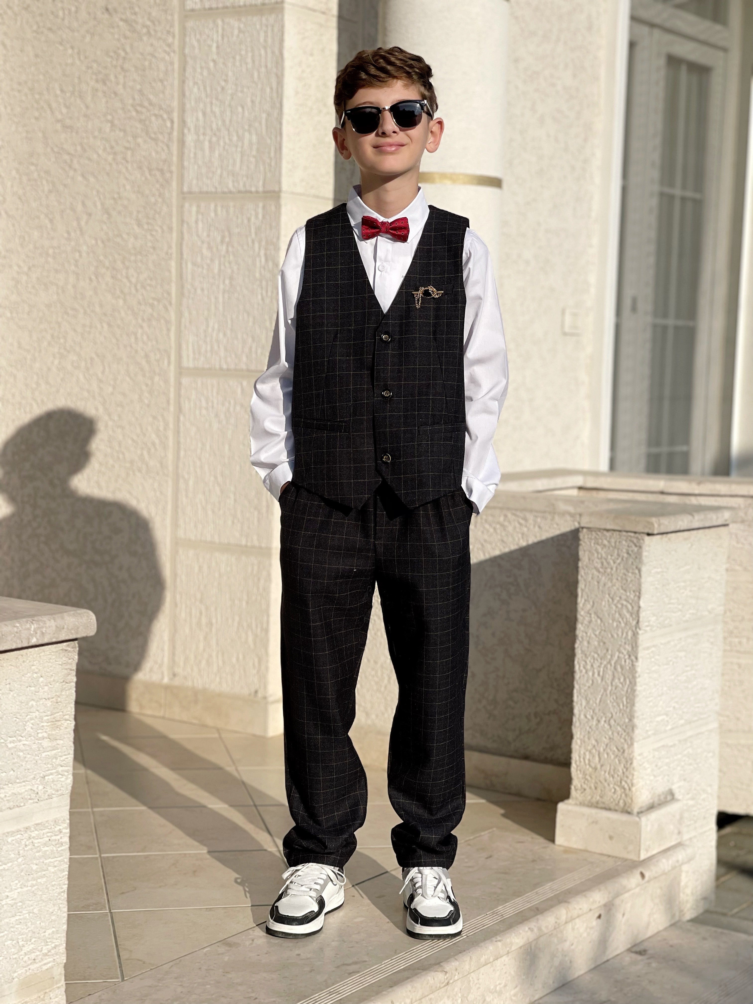 Boys Vest Pants Set Plaid Dress Suit with Shirt