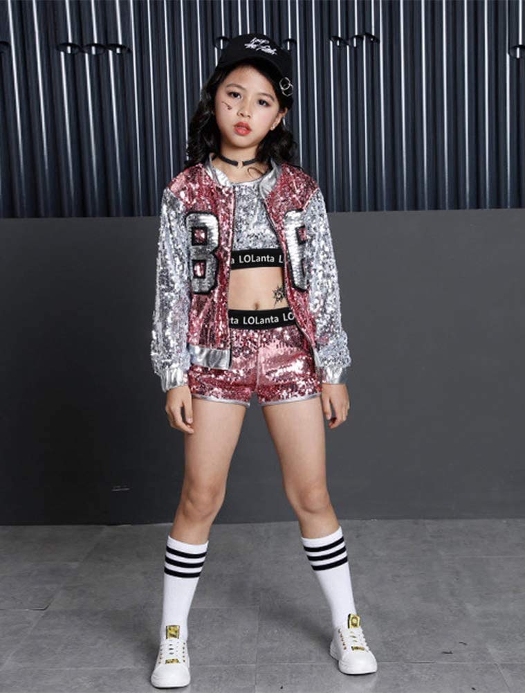 [VIP]Girls Fashionable Sequins Crop Top Shorts Dance Clothes