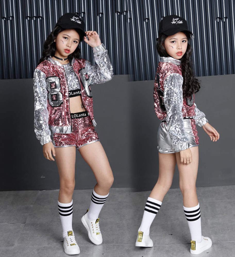 [VIP]Girls Fashionable Sequins Crop Top Shorts Dance Clothes