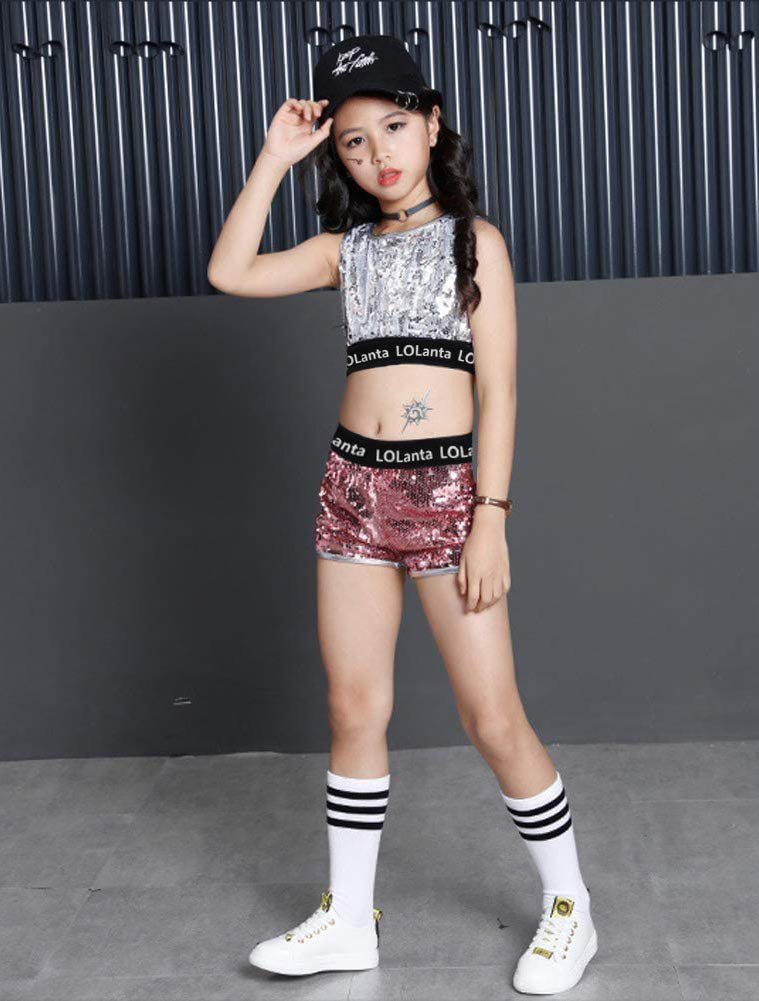 [VIP]Girls Fashionable Sequins Crop Top Shorts Dance Clothes