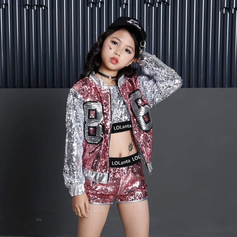 [VIP]Girls Fashionable Sequins Crop Top Shorts Dance Clothes