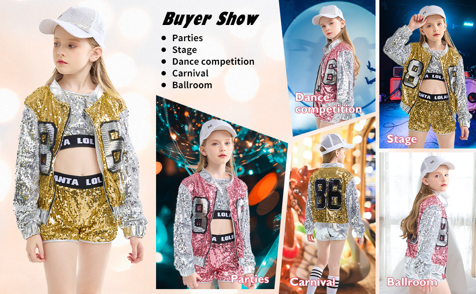 [VIP]Girls Fashionable Sequins Crop Top Shorts Dance Clothes