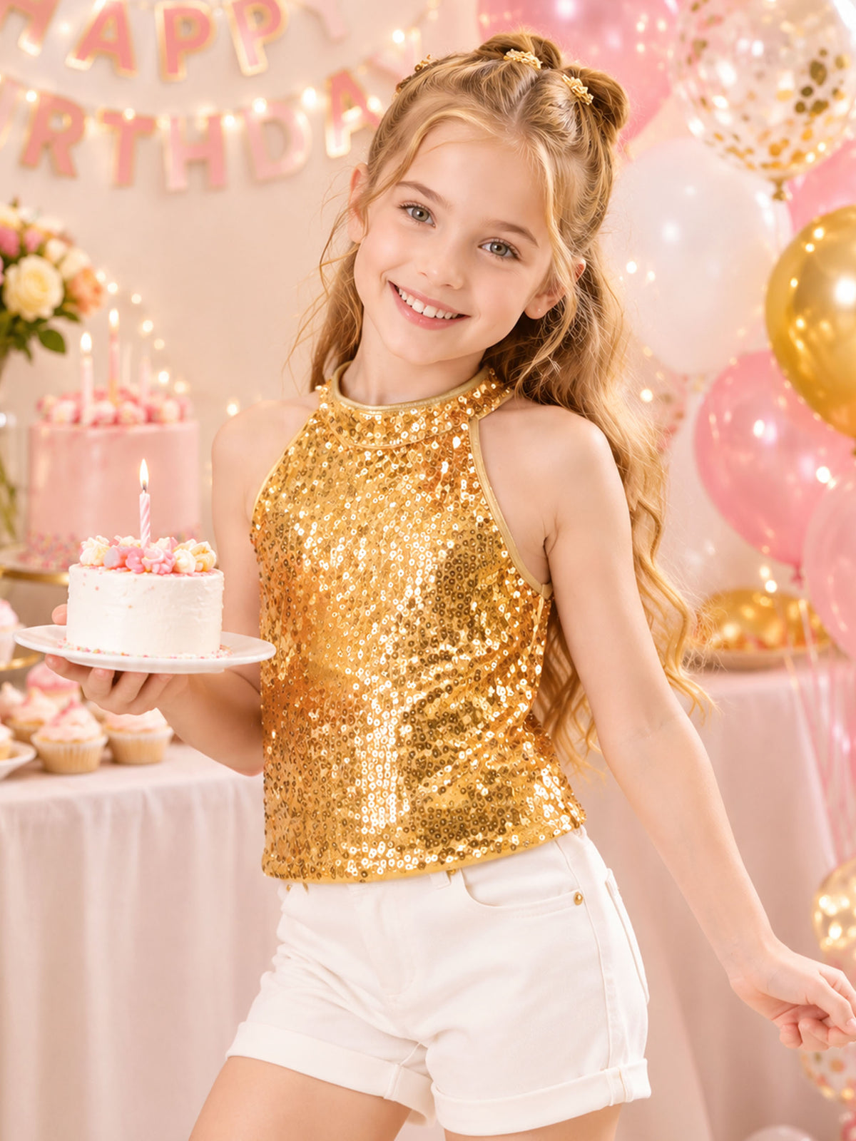 Girls Sequin Halter Top Stretchy Tank Sparkly Dance Shirt