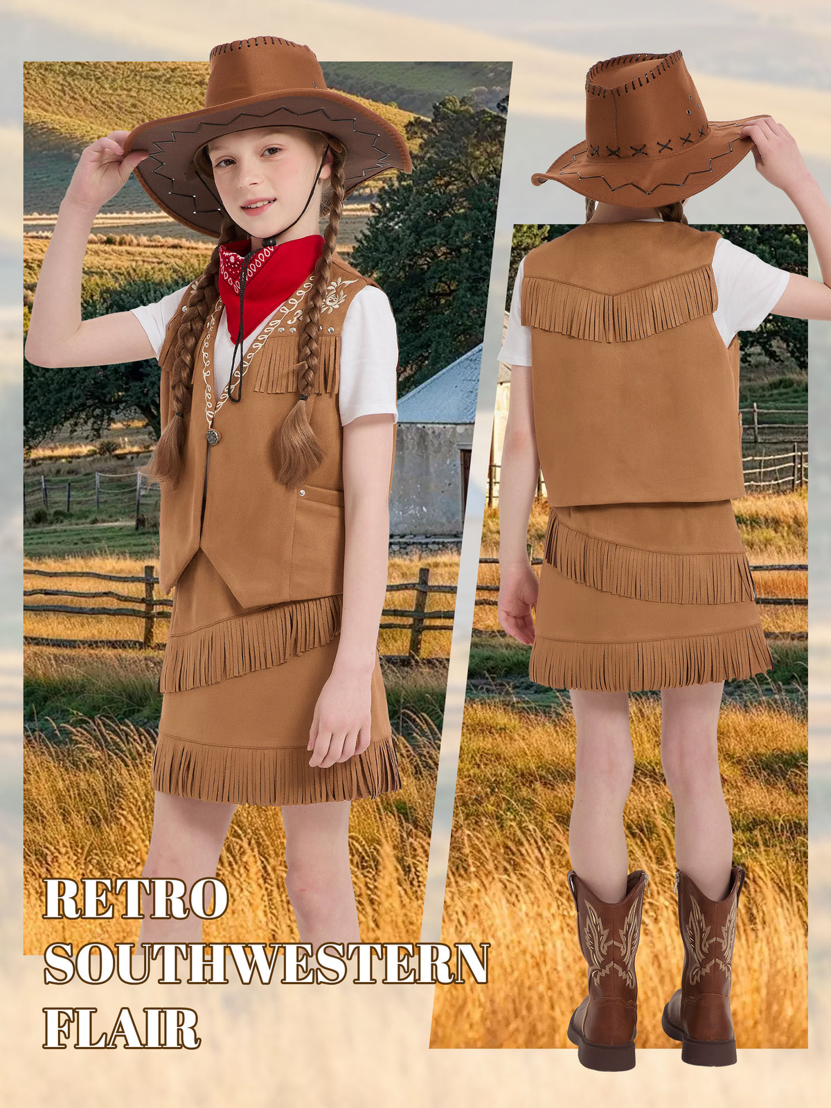 Cowgirl Outfits for Girls, Boho Western Fringe Vest Skirt 2Pcs Set
