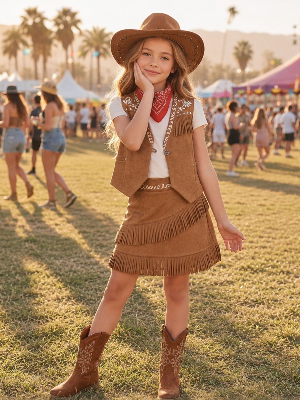 Cowgirl Outfits for Girls, Boho Western Fringe Vest Skirt 2Pcs Set