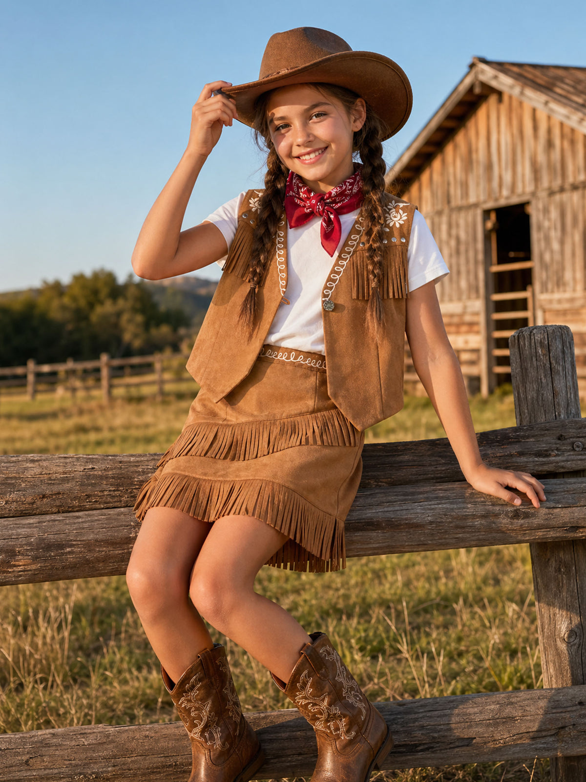 Cowgirl Outfits for Girls, Boho Western Fringe Vest Skirt 2Pcs Set
