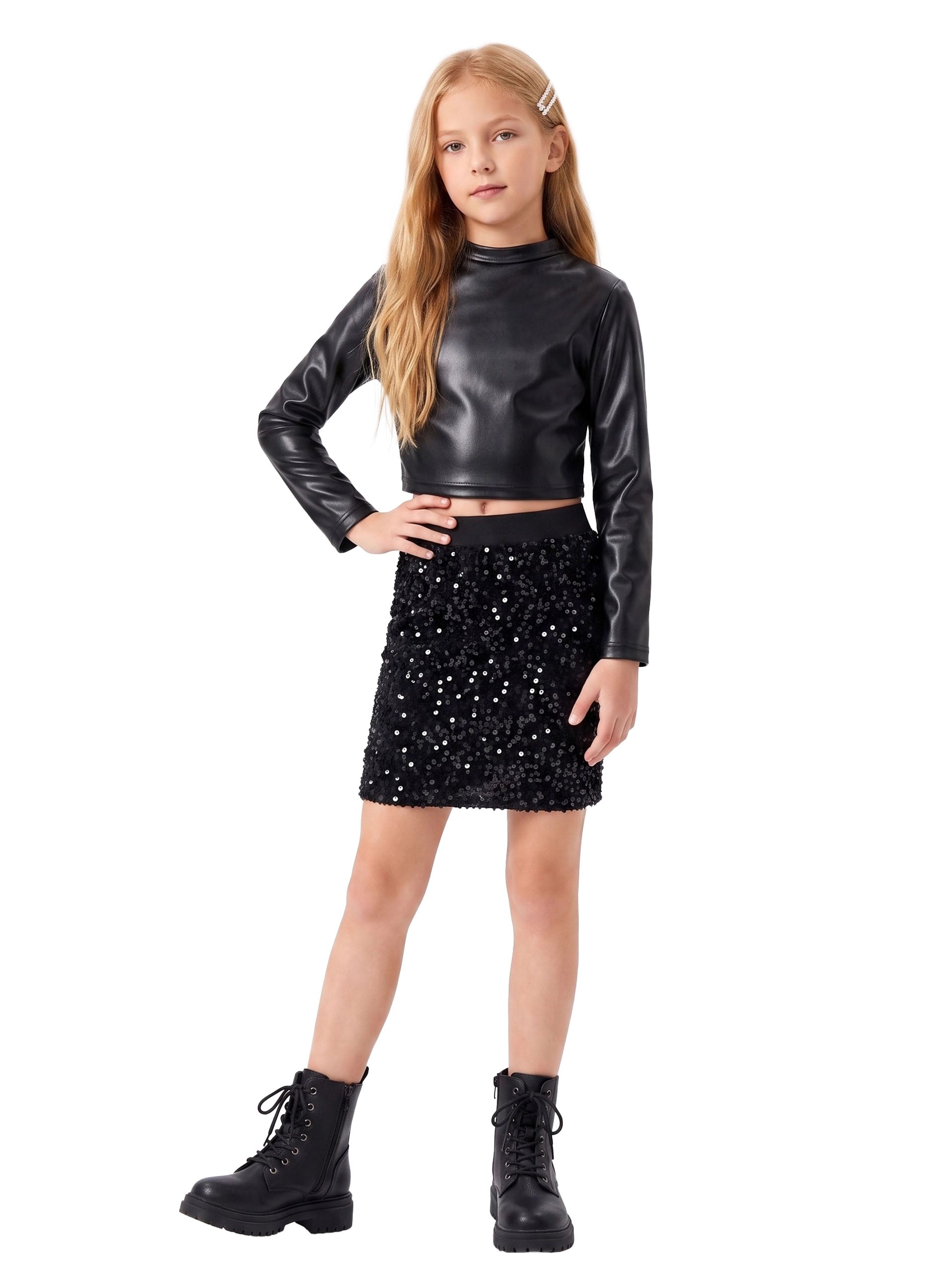 Metallic Dance Tops for Girls Long Sleeve Cropped Top