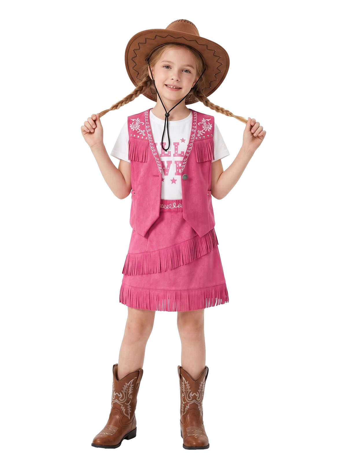 Cowgirl Outfits for Girls, Boho Western Fringe Vest Skirt 2Pcs Set