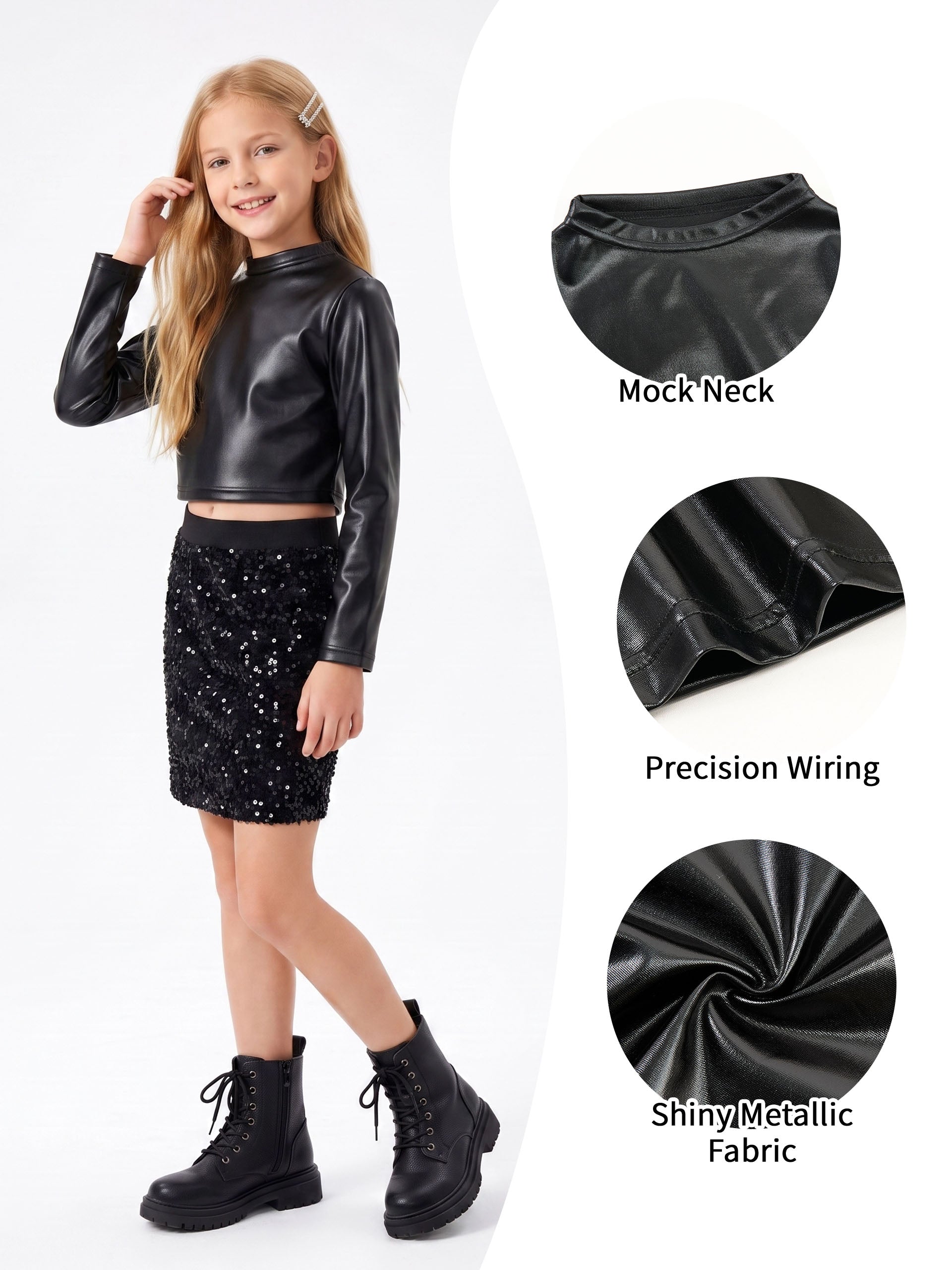 Metallic Dance Tops for Girls Long Sleeve Cropped Top