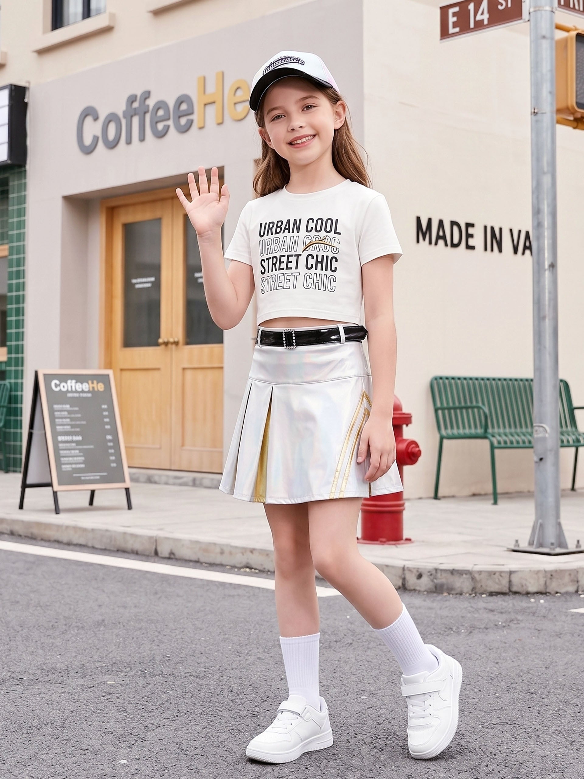 Girls 3Pcs Pleated Metallic Skirt with Shorts, Detachable Belt