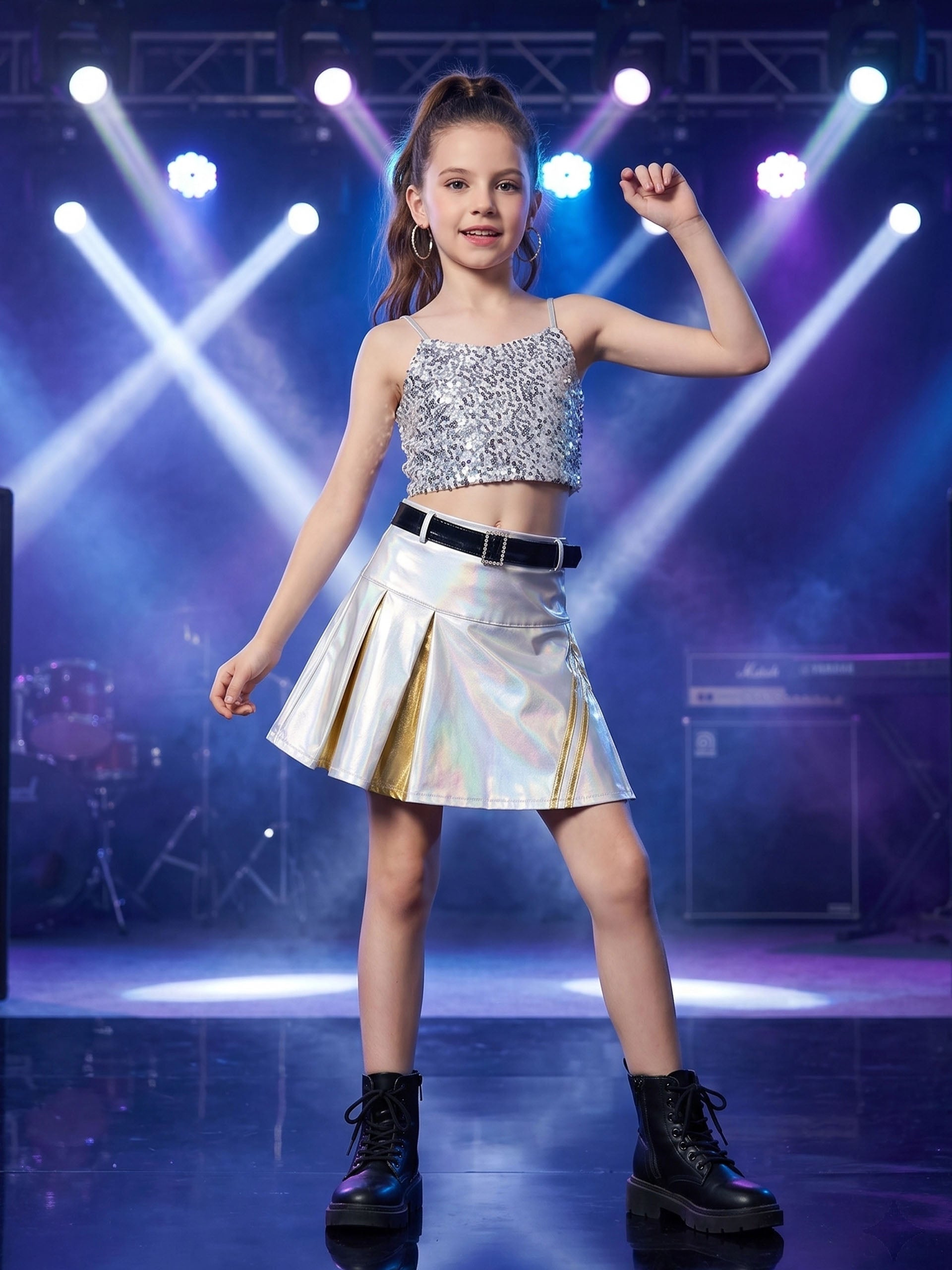 Girls 3Pcs Pleated Metallic Skirt with Shorts, Detachable Belt