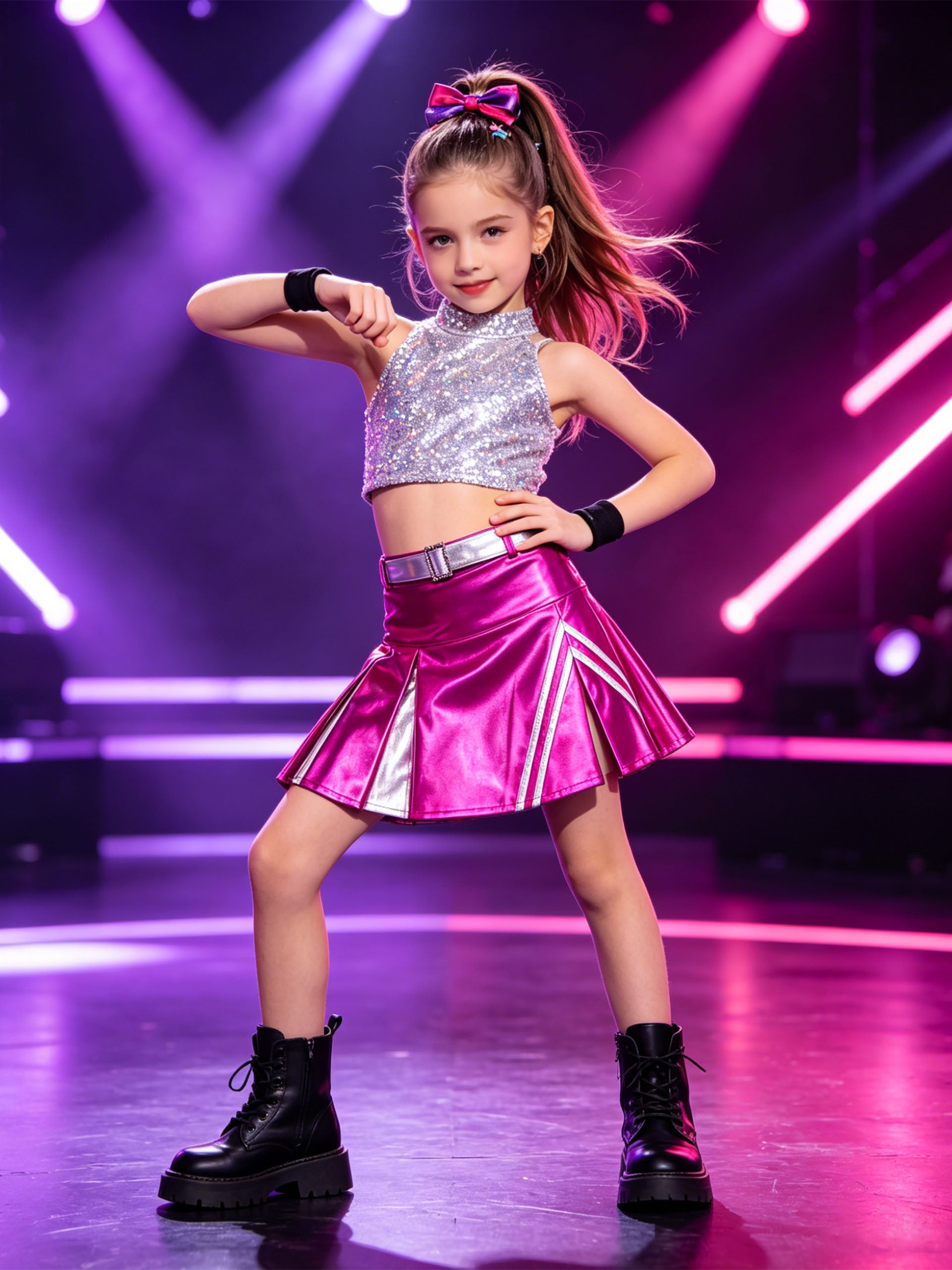 Girls 3Pcs Pleated Metallic Skirt with Shorts, Detachable Belt