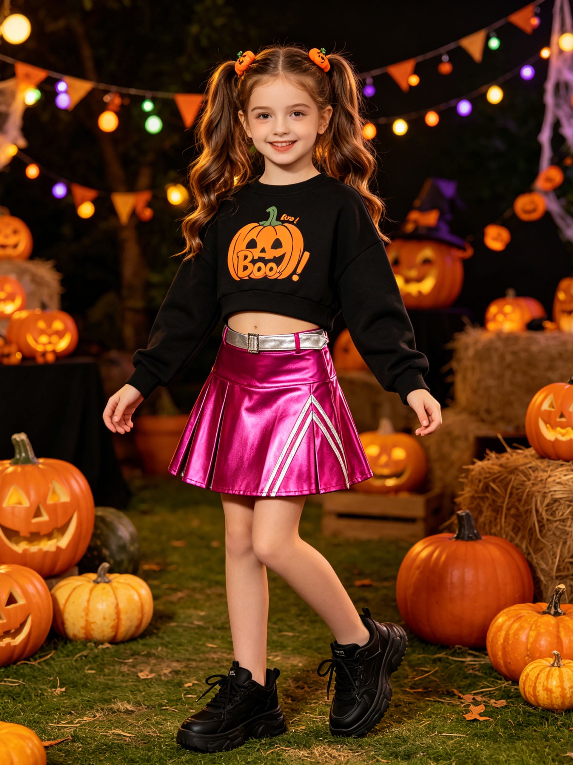 Girls 3Pcs Pleated Metallic Skirt with Shorts, Detachable Belt