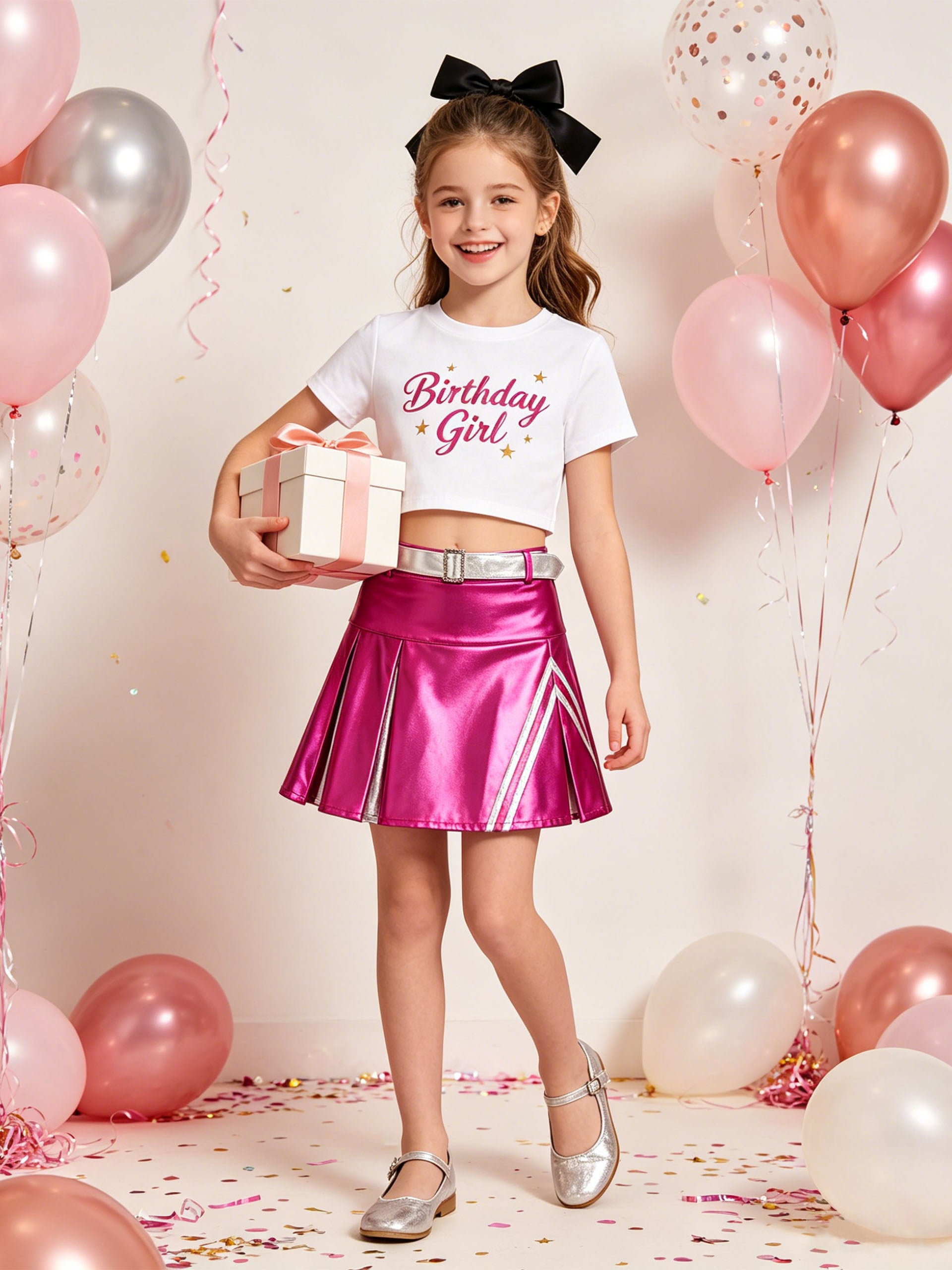 Girls 3Pcs Pleated Metallic Skirt with Shorts, Detachable Belt