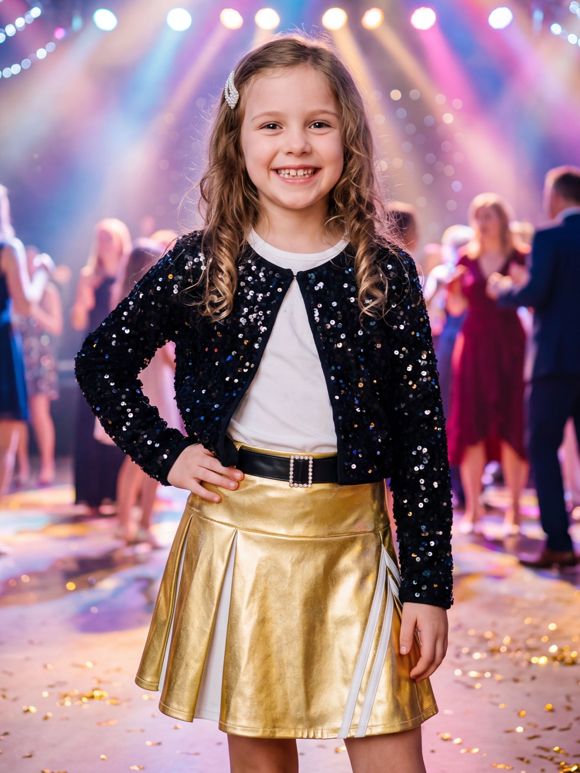 Girls 3Pcs Pleated Metallic Skirt with Shorts, Detachable Belt