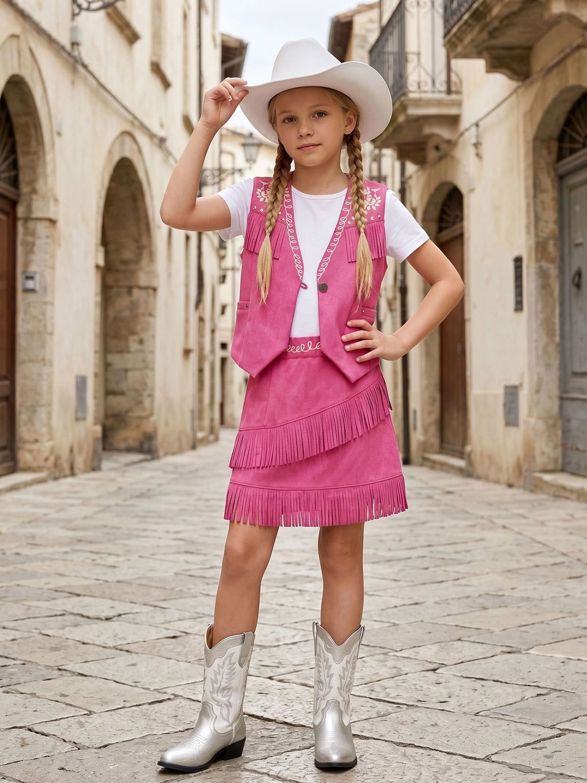 Cowgirl Outfits for Girls, Boho Western Fringe Vest Skirt 2Pcs Set