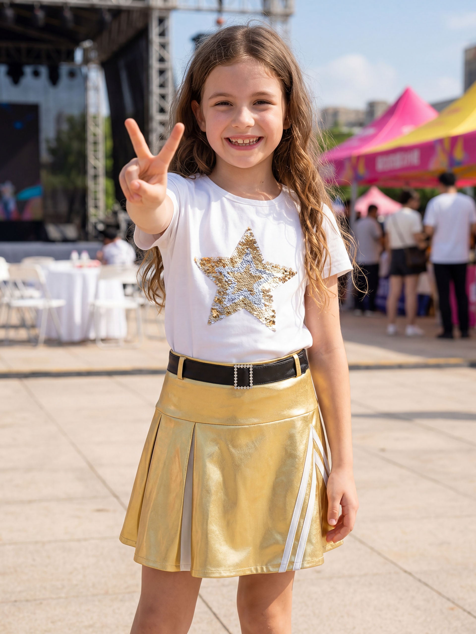 Girls 3Pcs Pleated Metallic Skirt with Shorts, Detachable Belt