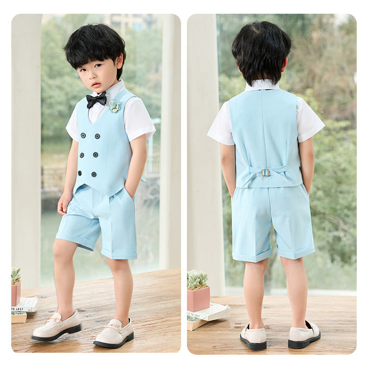 Summer Boys Suit, 4Pcs Kids Waistcoat Tuxedo Wedding Ring Bearer Outfit