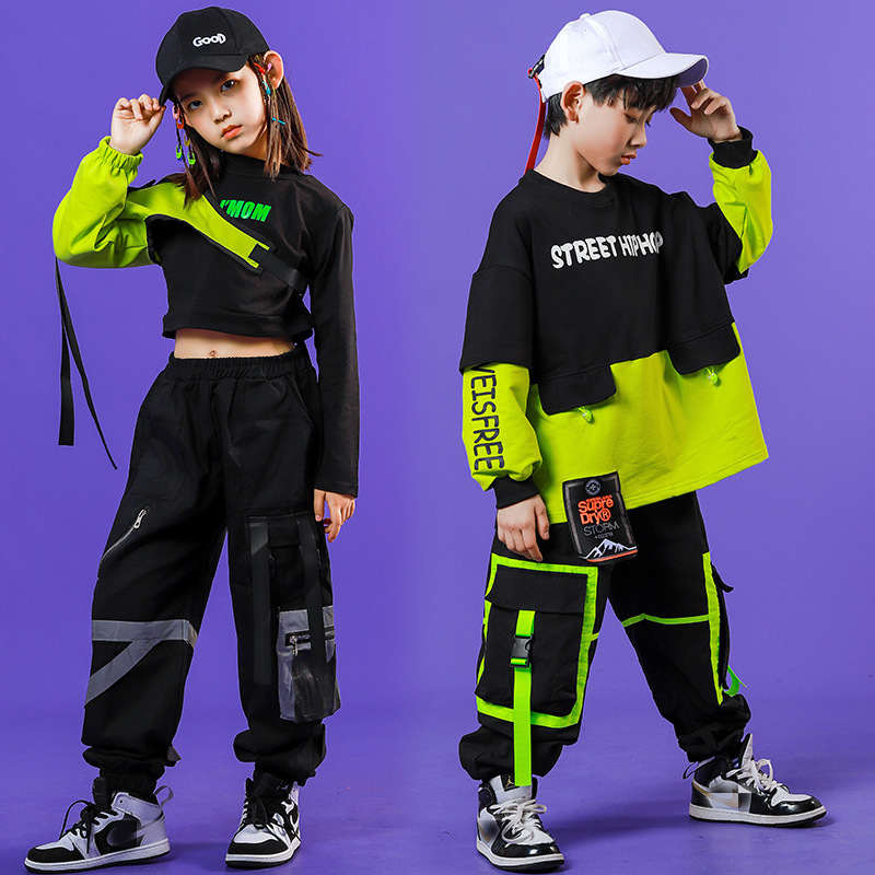 Kids Boy's Girl's Black with Green Hiphop Streetwear Dance Outfit