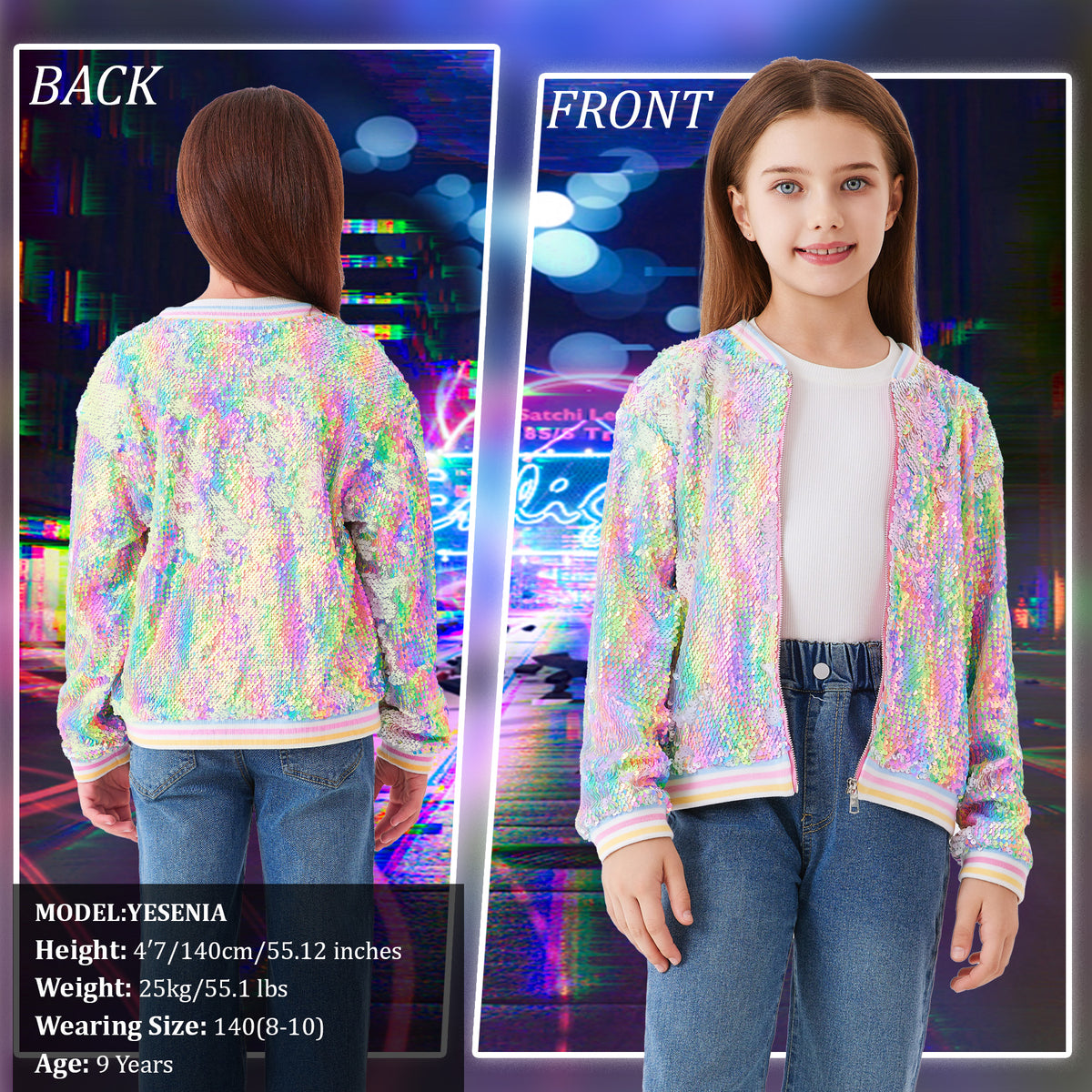 Girls Sequin Jacket Long Sleeve Kids Bomber Coats