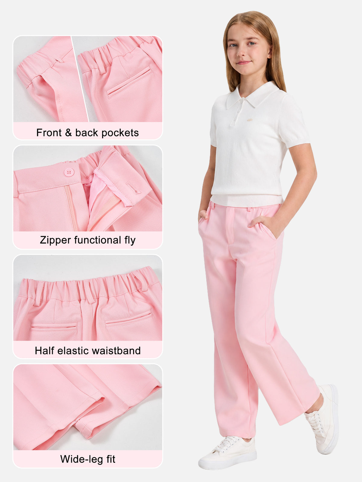 Girls Dress Pants Wide Leg Kids School Uniform Slacks