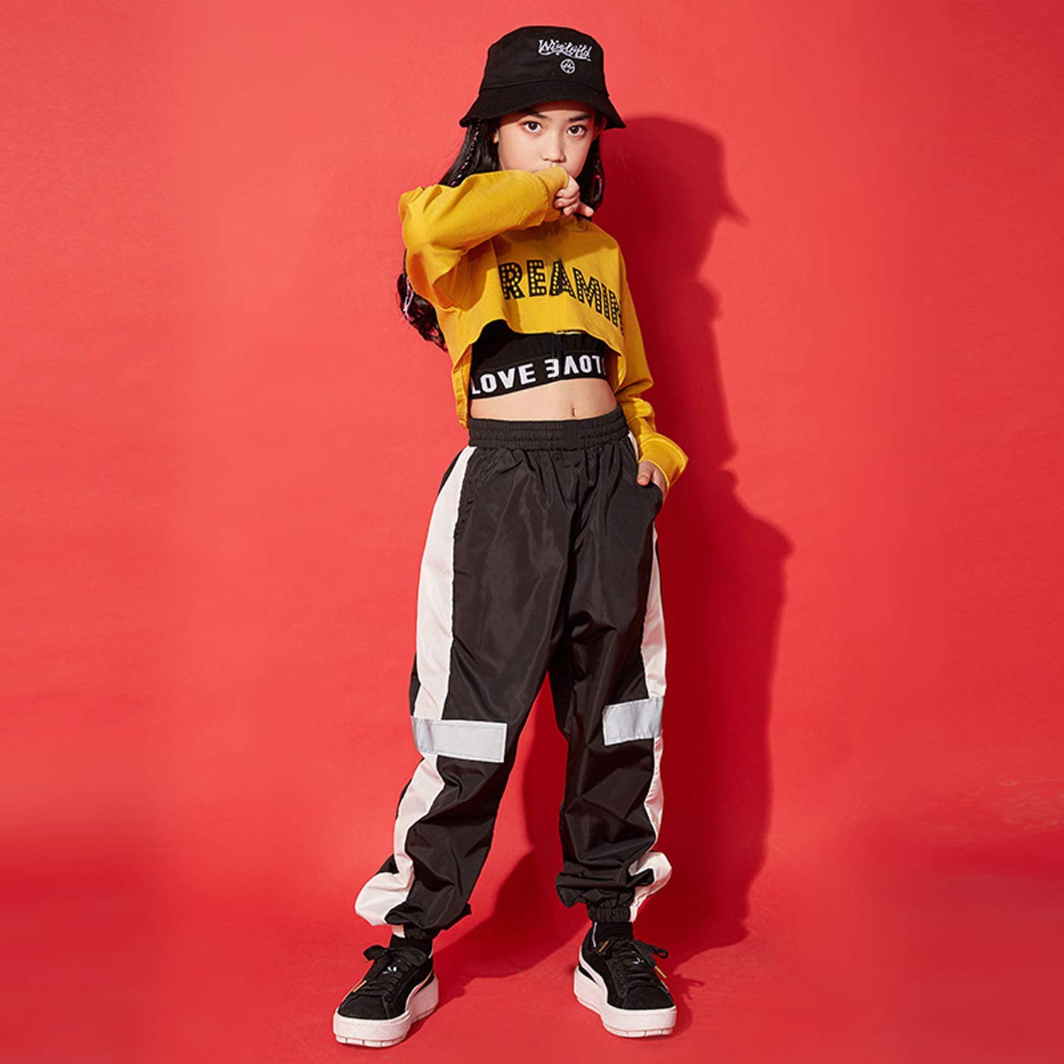 Girl's Street Dance Stage Hoodie Crop Top Sweatpants Performance Outfit