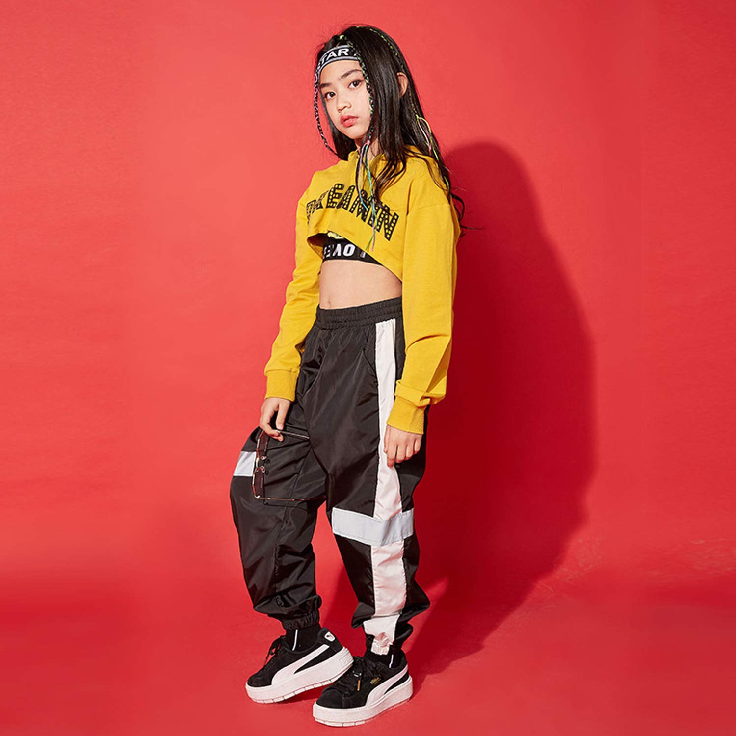 Girl's Street Dance Stage Hoodie Crop Top Sweatpants Performance Outfit