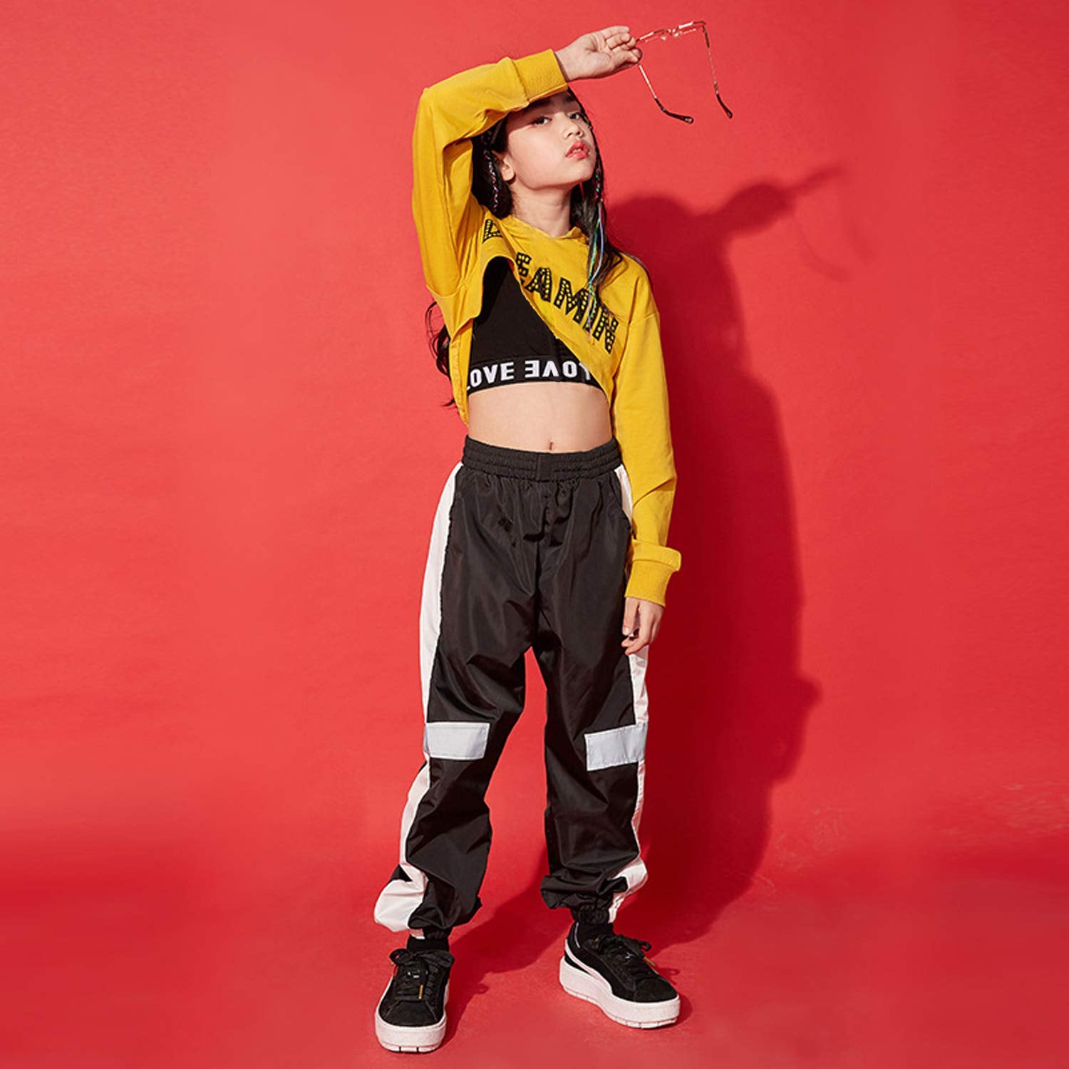 Girl's Street Dance Stage Hoodie Crop Top Sweatpants Performance Outfit