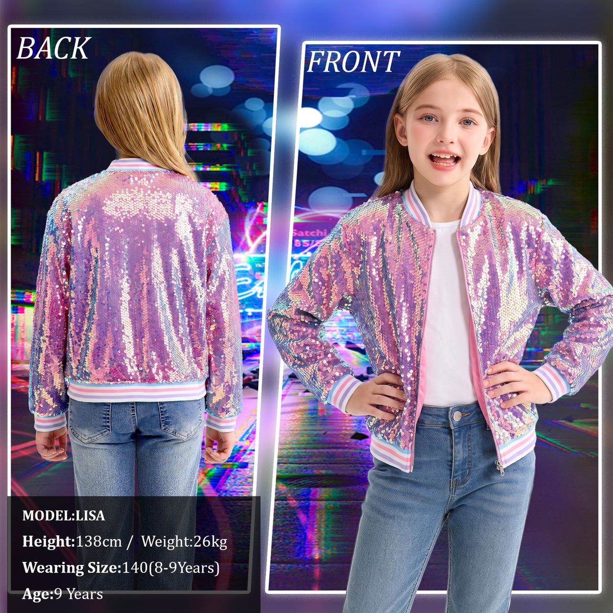 Girls Sequin Jacket Long Sleeve Kids Bomber Coats