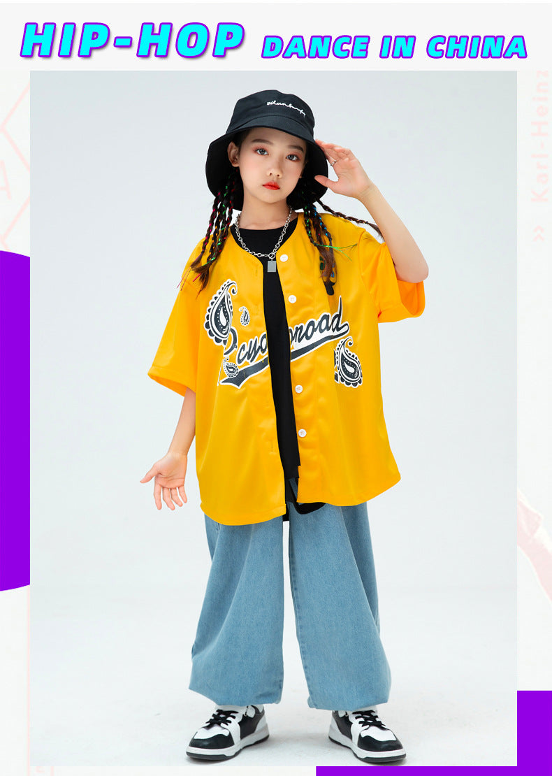 Kids Baseball Jersey Boys Button Shirt Girls Hip Hop Dance Outfits