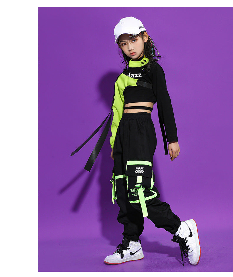 Girls Hip Hop Dance Clothes 3PCS Crop Top Cargo Pants Sets