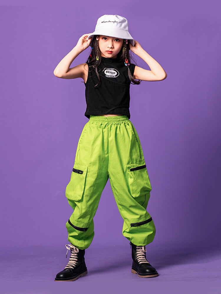 Girl's Sleeveless Crop Top Cargo Pants Stage Exercise Dance Costume