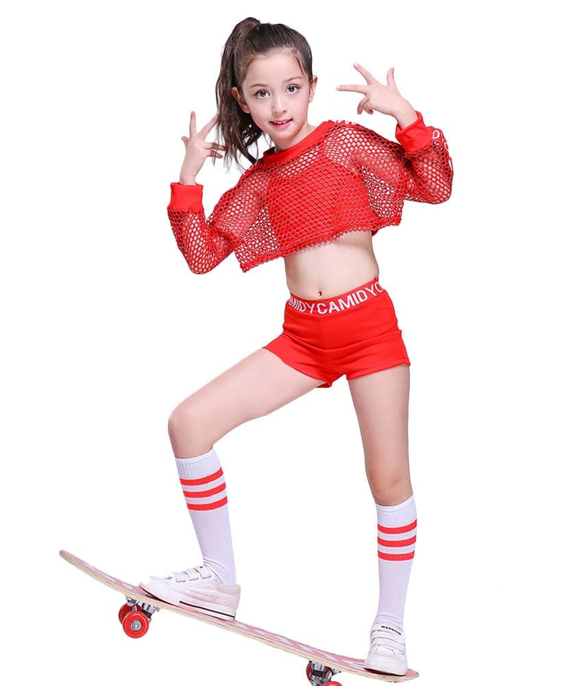 Girls Mesh Red Crop Top Shorts Soft Dance Outfit